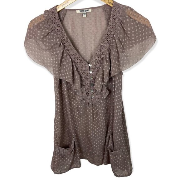 Nordstrom Daniel Rainn Dusty Rose Blush Pink Sheer Polka Dot Blouse Ruffle Top S - Picture 1 of 8